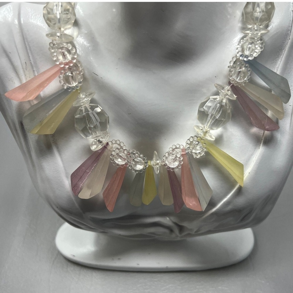 Vintage Statement Necklace Pink Blue Yellow Clear Acrylic Beads‎
